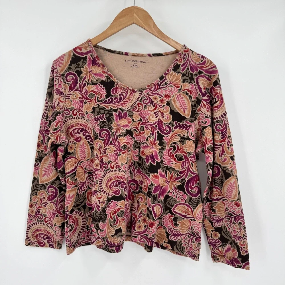 Croft & Barrow Autumn Toned Floral Paisley V-Neck Long Sleeve Shirt Women's PXl - Picture 1 of 11